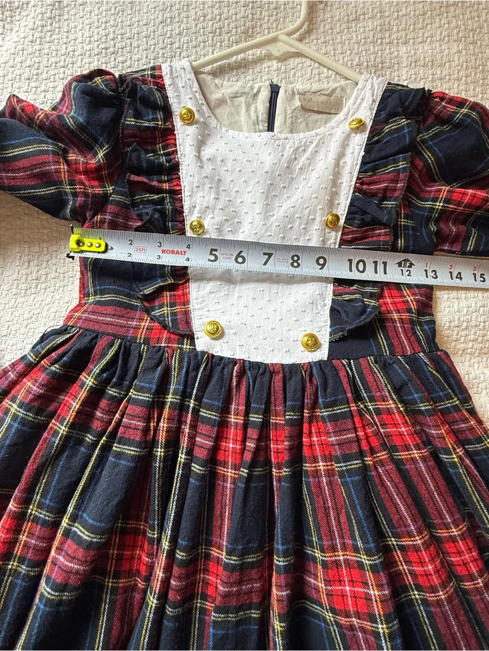 Girls Navy and Red Plaid Formal Dress with White Bib and Gold Buttons